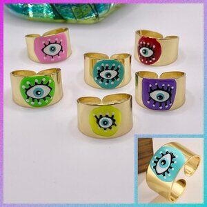 Boho Evil Eye Enamel and Copper Adjustable Ring #1300 BLUE